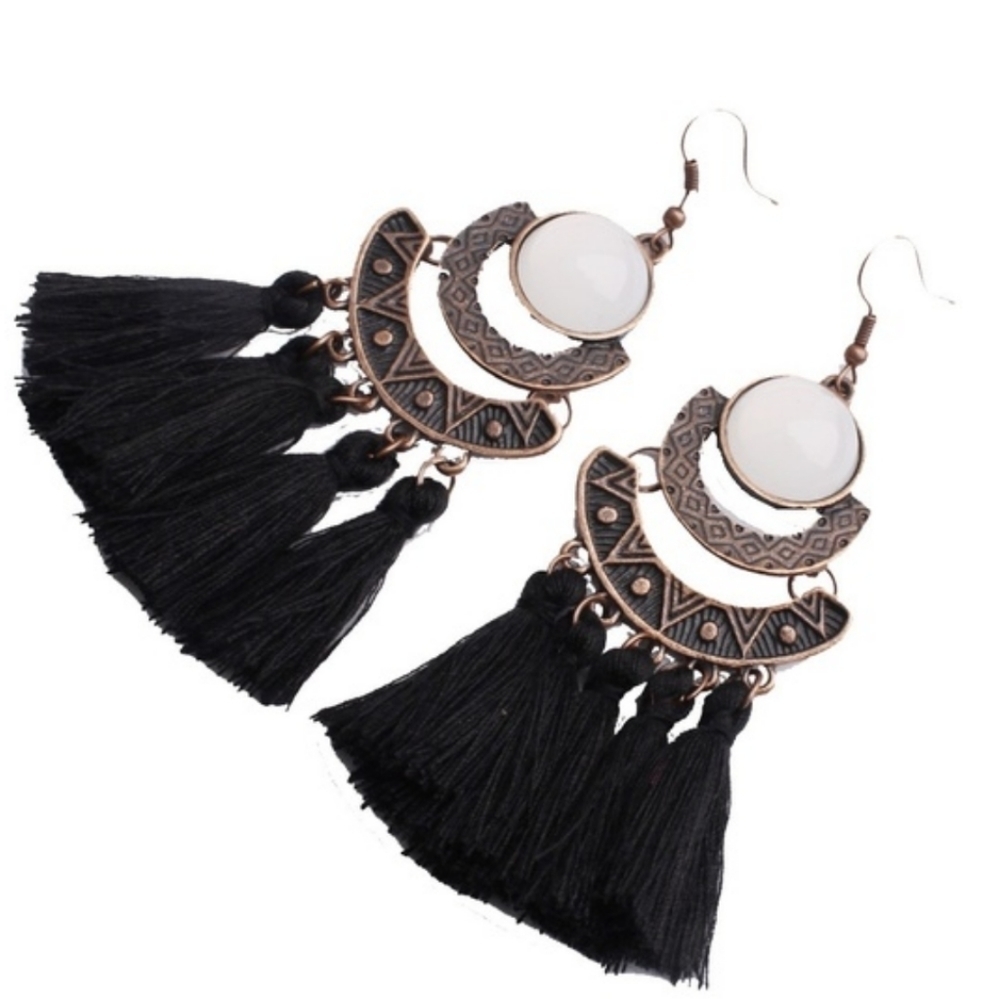 Moonstone Black Tassel 3.5" Fishhook Earring Boho Aztec Bold Lightweight - Picture 1 of 7